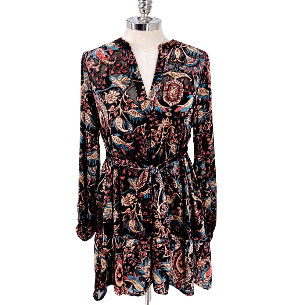 Venus Women's 10 Boho‎ Paisley Floral Velvet Burnout Mini Dress Tie Waist V-Neck